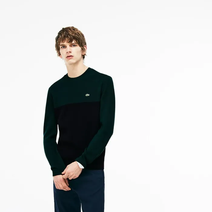 Crew Neck Ribbed Wool Sweater Navy BlueGreen Mens Lacoste Sweaters Online Store
