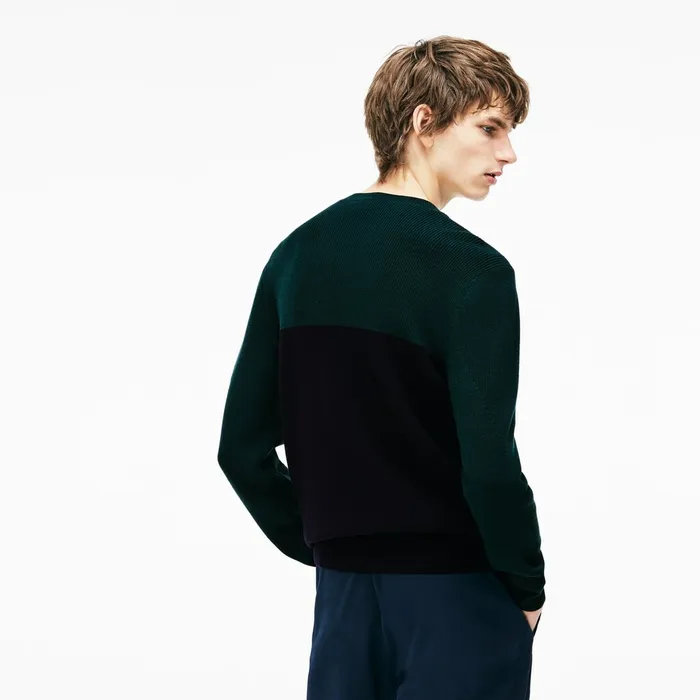 Crew Neck Ribbed Wool Sweater Navy BlueGreen Mens Lacoste Sweaters Online Store