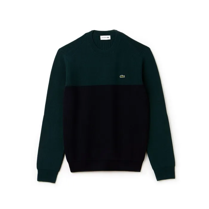 Crew Neck Ribbed Wool Sweater Navy BlueGreen Mens Lacoste Sweaters Online Store