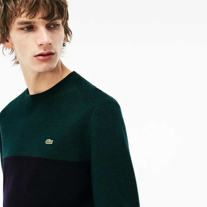Crew Neck Ribbed Wool Sweater Navy BlueGreen Mens Lacoste Sweaters Online Store