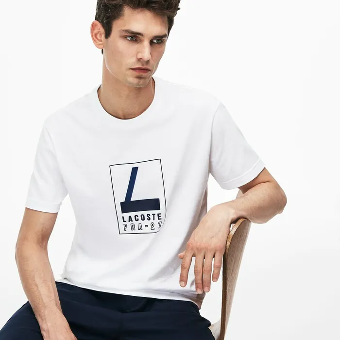 Crew Neck Rubber Lettering Soft Jersey Tshirt White Mens Lacoste TShirts Gift Ideas