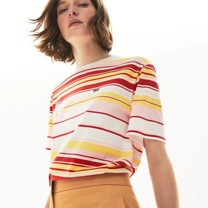 Crew Neck Striped Cotton Tshirt WhiteRedLight PinkYellow Womens Lacoste TShirts Store
