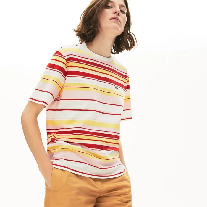 Crew Neck Striped Cotton Tshirt WhiteRedLight PinkYellow Womens Lacoste TShirts Store