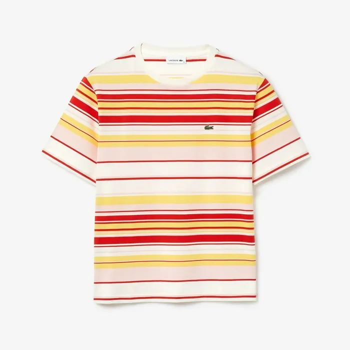 Crew Neck Striped Cotton Tshirt WhiteRedLight PinkYellow Womens Lacoste TShirts Store