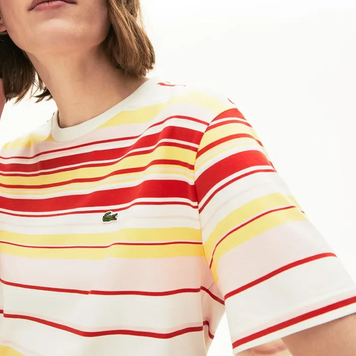 Crew Neck Striped Cotton Tshirt WhiteRedLight PinkYellow Womens Lacoste TShirts Store