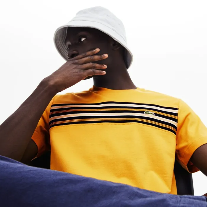 Crew Neck Striped Panel Cotton Tshirt Yellow Mens Lacoste TShirts Casaul