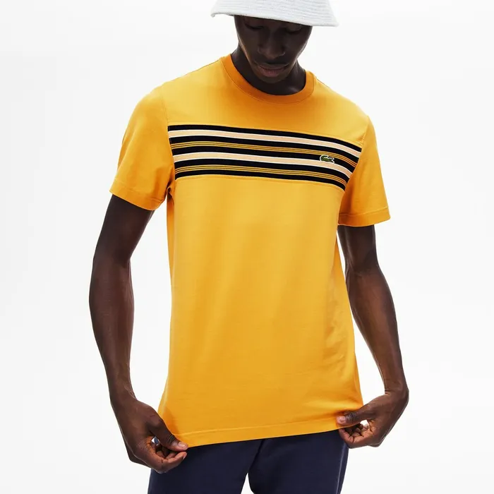 Crew Neck Striped Panel Cotton Tshirt Yellow Mens Lacoste TShirts Casaul