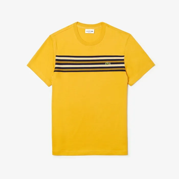 Crew Neck Striped Panel Cotton Tshirt Yellow Mens Lacoste TShirts Casaul