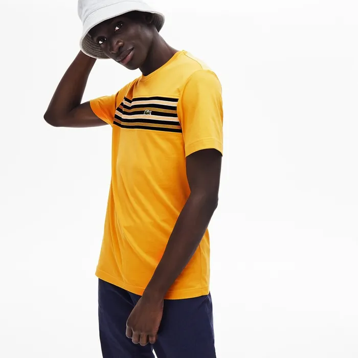 Crew Neck Striped Panel Cotton Tshirt Yellow Mens Lacoste TShirts Casaul
