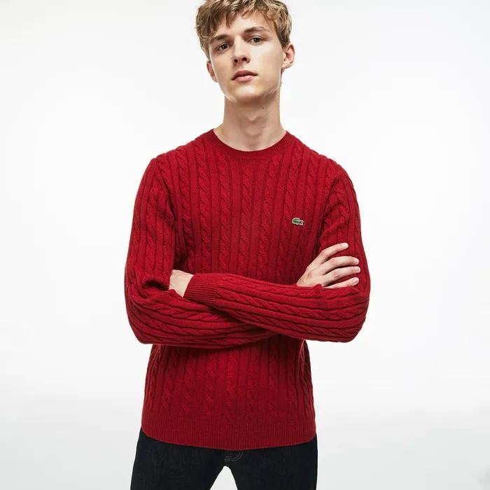 Crew Neck Wool Cable Knit Effect Sweater Red Mens Lacoste Sweaters Popular