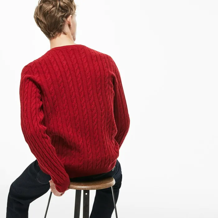 Crew Neck Wool Cable Knit Effect Sweater Red Mens Lacoste Sweaters Popular