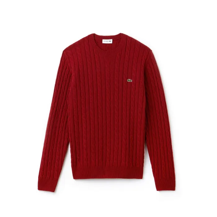 Crew Neck Wool Cable Knit Effect Sweater Red Mens Lacoste Sweaters Popular