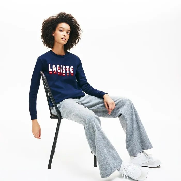 Crewneck 3DLettering Cotton Blend Fleece Sweatshirt Navy Blue Womens Lacoste Sweaters and Sweatshirts Cheap On Sale Crewneck 3DLettering Cotton Blend Fleece Sweatshirt Navy Blue Womens Lacoste Sweaters and Sweatshirts Cheap On Sale