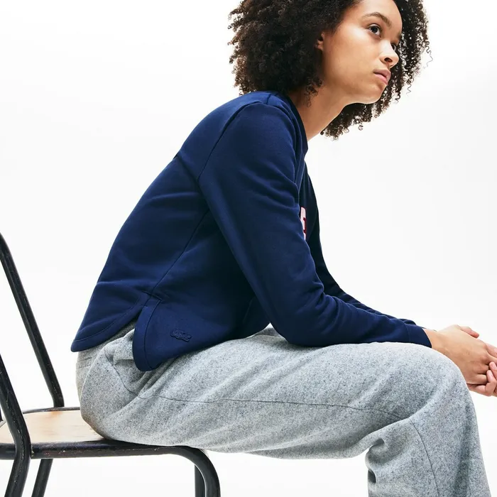 Crewneck 3DLettering Cotton Blend Fleece Sweatshirt Navy Blue Womens Lacoste Sweaters and Sweatshirts Cheap On Sale
