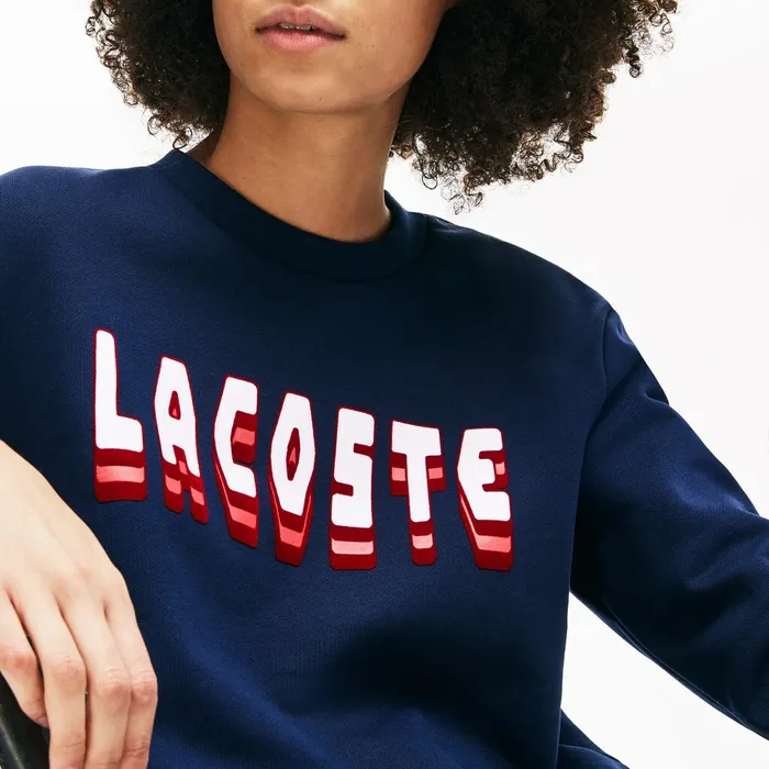 Crewneck 3DLettering Cotton Blend Fleece Sweatshirt Navy Blue Womens Lacoste Sweaters and Sweatshirts Cheap On Sale