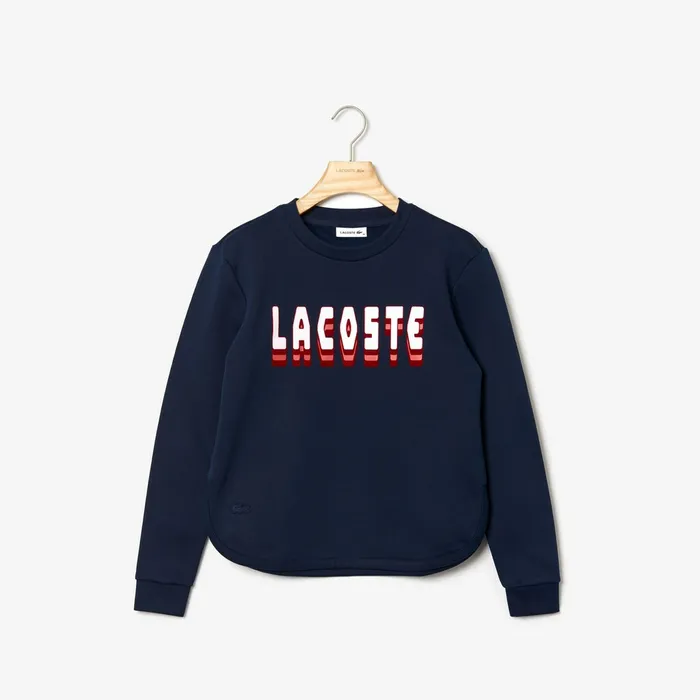 Crewneck 3DLettering Cotton Blend Fleece Sweatshirt Navy Blue Womens Lacoste Sweaters and Sweatshirts Cheap On Sale