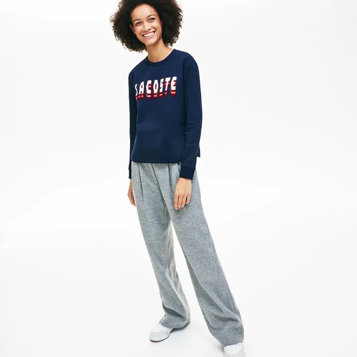 Crewneck 3DLettering Cotton Blend Fleece Sweatshirt Navy Blue Womens Lacoste Sweaters and Sweatshirts Cheap On Sale