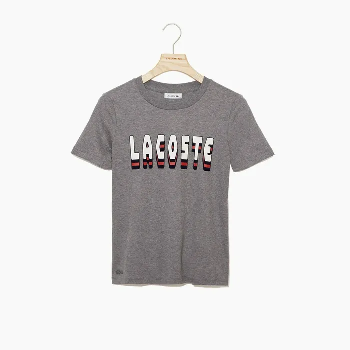 Crewneck 3DLettering Cotton TShirt Grey Womens Lacoste TShirts USA