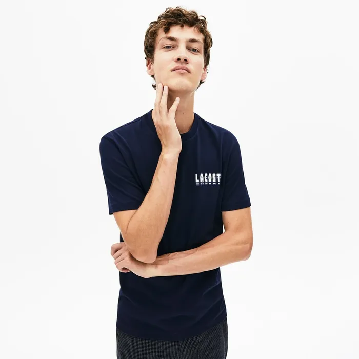 Crewneck 3DLettering Cotton TShirt Navy Blue Mens Lacoste TShirts Online Store