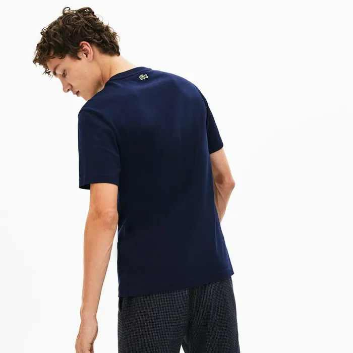 Crewneck 3DLettering Cotton TShirt Navy Blue Mens Lacoste TShirts Online Store