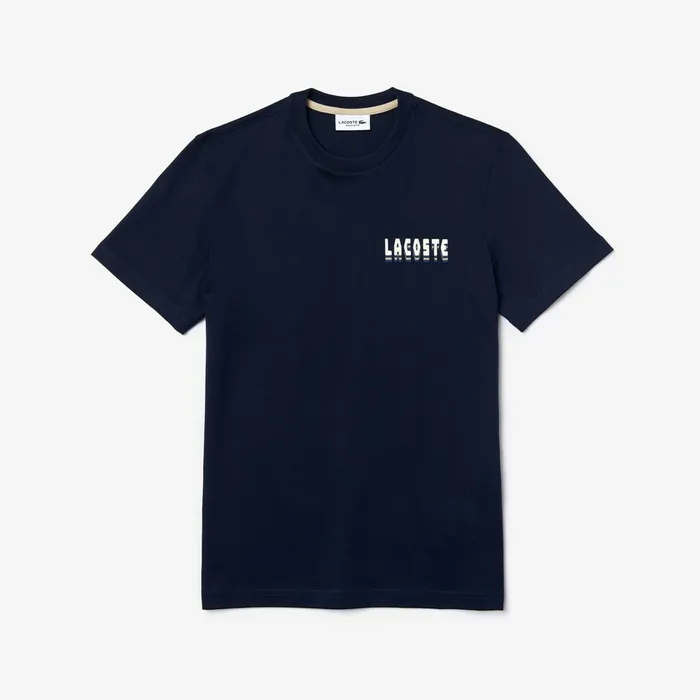 Crewneck 3DLettering Cotton TShirt Navy Blue Mens Lacoste TShirts Online Store