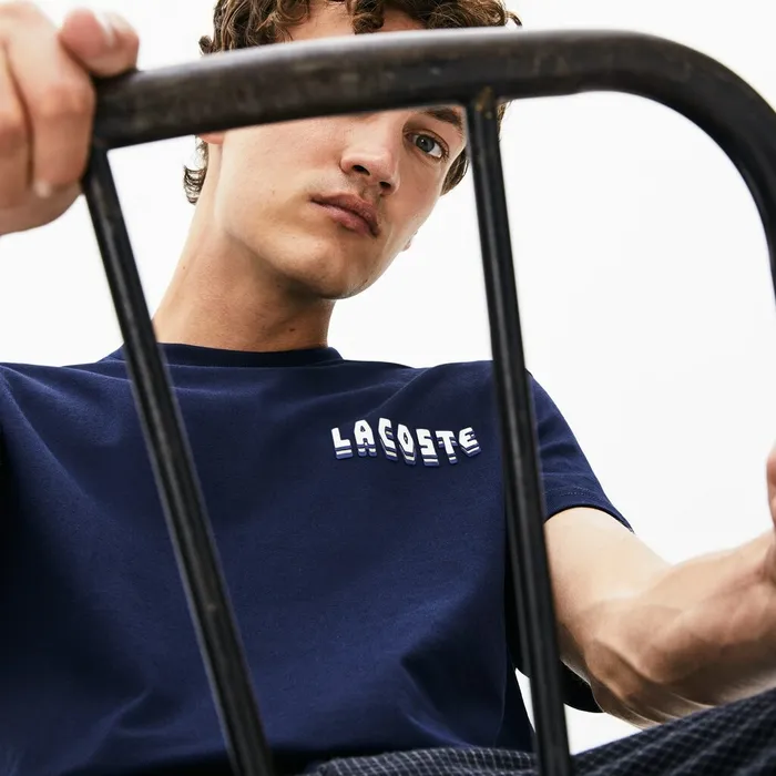 Crewneck 3DLettering Cotton TShirt Navy Blue Mens Lacoste TShirts Online Store