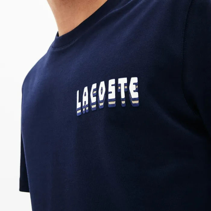 Crewneck 3DLettering Cotton TShirt Navy Blue Mens Lacoste TShirts Online Store