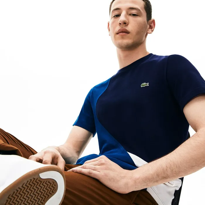 Crewneck ColorBlocked Thermoregulating Piqu TShirt BlueWhiteNavy Blue Mens Lacoste TShirts Casaul