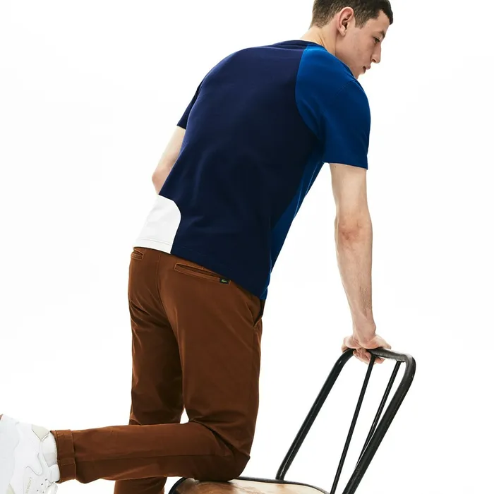 Crewneck ColorBlocked Thermoregulating Piqu TShirt BlueWhiteNavy Blue Mens Lacoste TShirts Casaul