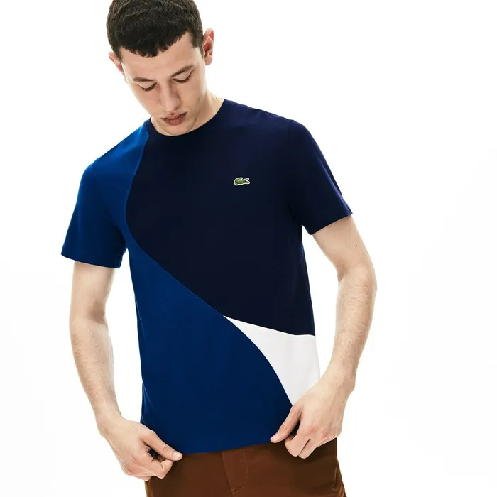 Crewneck ColorBlocked Thermoregulating Piqu TShirt BlueWhiteNavy Blue Mens Lacoste TShirts Casaul
