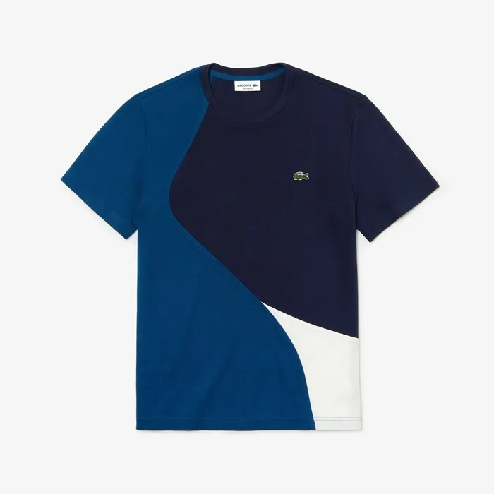 Crewneck ColorBlocked Thermoregulating Piqu TShirt BlueWhiteNavy Blue Mens Lacoste TShirts Casaul