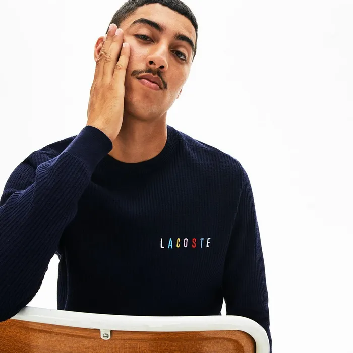 Crewneck Embroidered Cotton Blend Sweater Navy Blue Mens Lacoste Sweaters Store Crewneck Embroidered Cotton Blend Sweater Navy Blue Mens Lacoste Sweaters Store