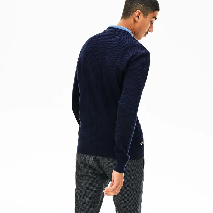 Crewneck Embroidered Cotton Blend Sweater Navy Blue Mens Lacoste Sweaters Store