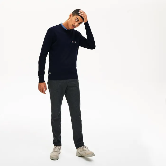 Crewneck Embroidered Cotton Blend Sweater Navy Blue Mens Lacoste Sweaters Store