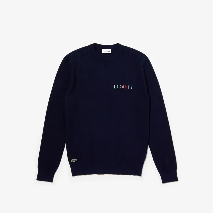 Crewneck Embroidered Cotton Blend Sweater Navy Blue Mens Lacoste Sweaters Store