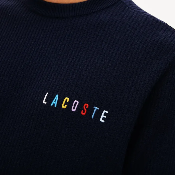 Crewneck Embroidered Cotton Blend Sweater Navy Blue Mens Lacoste Sweaters Store