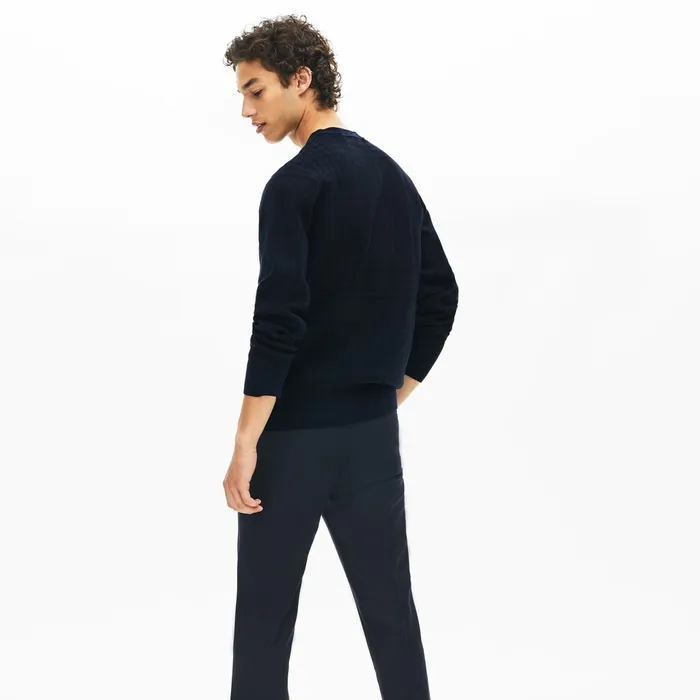 Crewneck Houndstooth Cotton And Cashmere Sweater Navy BlueBlack Mens Lacoste Sweaters Shop