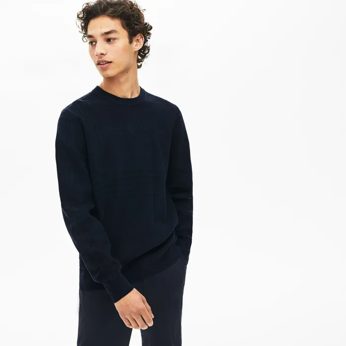 Crewneck Houndstooth Cotton And Cashmere Sweater Navy BlueBlack Mens Lacoste Sweaters Shop