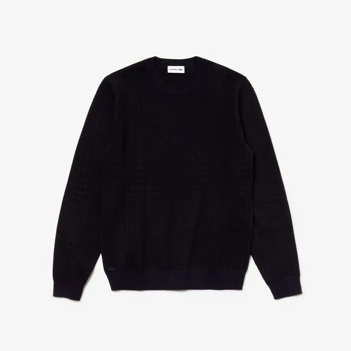 Crewneck Houndstooth Cotton And Cashmere Sweater Navy BlueBlack Mens Lacoste Sweaters Shop