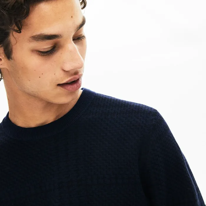 Crewneck Houndstooth Cotton And Cashmere Sweater Navy BlueBlack Mens Lacoste Sweaters Shop