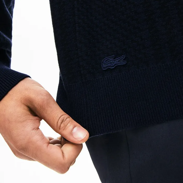 Crewneck Houndstooth Cotton And Cashmere Sweater Navy BlueBlack Mens Lacoste Sweaters Shop