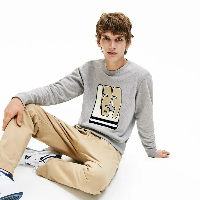 Crewneck L27Print Cotton Blend Sweatshirt Grey Chine Mens Lacoste Sweatshirts Outlet