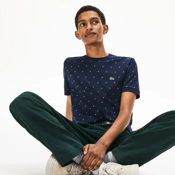 Crewneck Mini Houndstooth Cotton Tshirt Navy BlueBlue Mens Lacoste TShirts Online Store