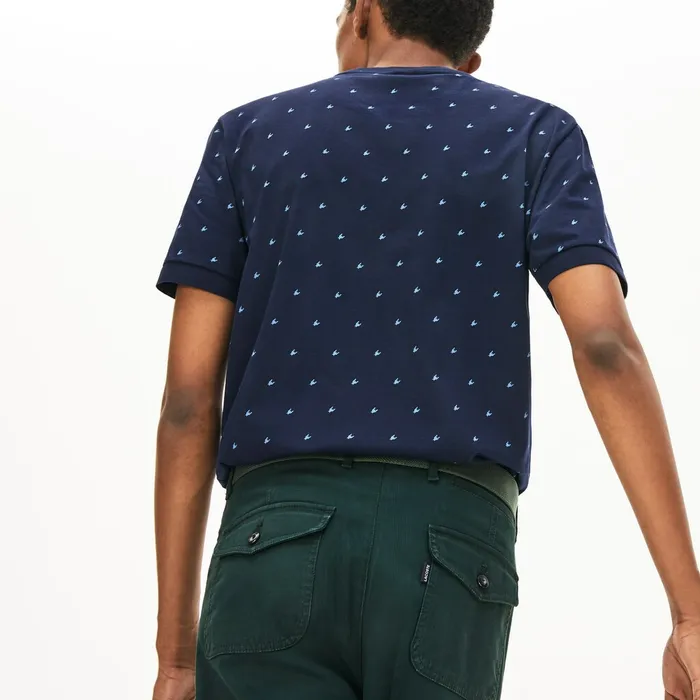 Crewneck Mini Houndstooth Cotton Tshirt Navy BlueBlue Mens Lacoste TShirts Online Store