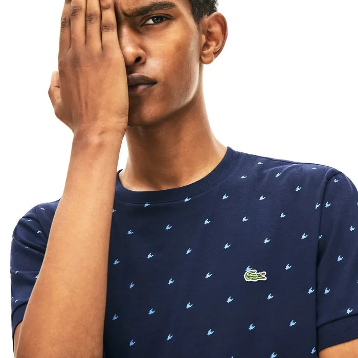 Crewneck Mini Houndstooth Cotton Tshirt Navy BlueBlue Mens Lacoste TShirts Online Store