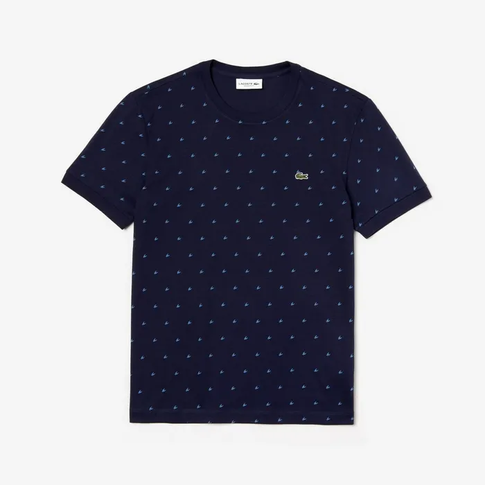 Crewneck Mini Houndstooth Cotton Tshirt Navy BlueBlue Mens Lacoste TShirts Online Store