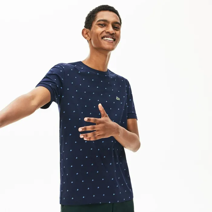 Crewneck Mini Houndstooth Cotton Tshirt Navy BlueBlue Mens Lacoste TShirts Online Store