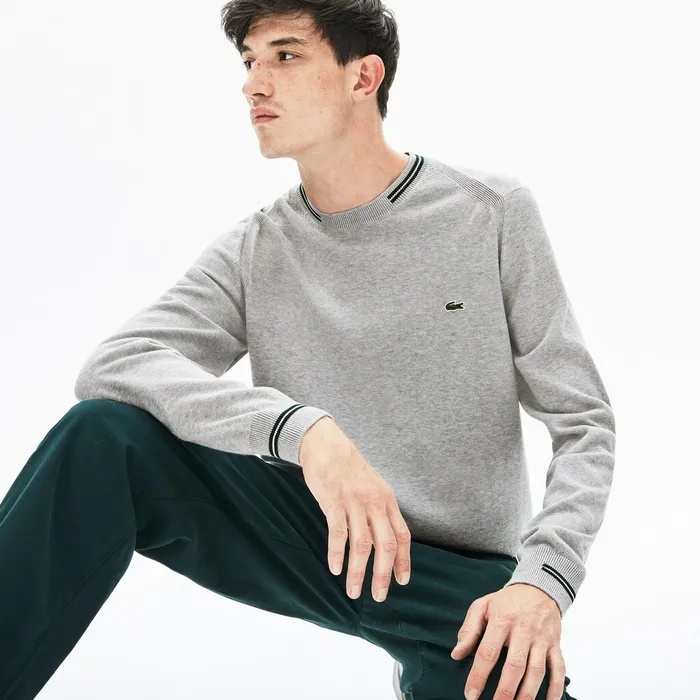 Crewneck Mixed Stich And Striped Cotton Sweater Grey ChineGreenWhite Mens Lacoste Sweaters USA Crewneck Mixed Stich And Striped Cotton Sweater Grey ChineGreenWhite Mens Lacoste Sweaters USA
