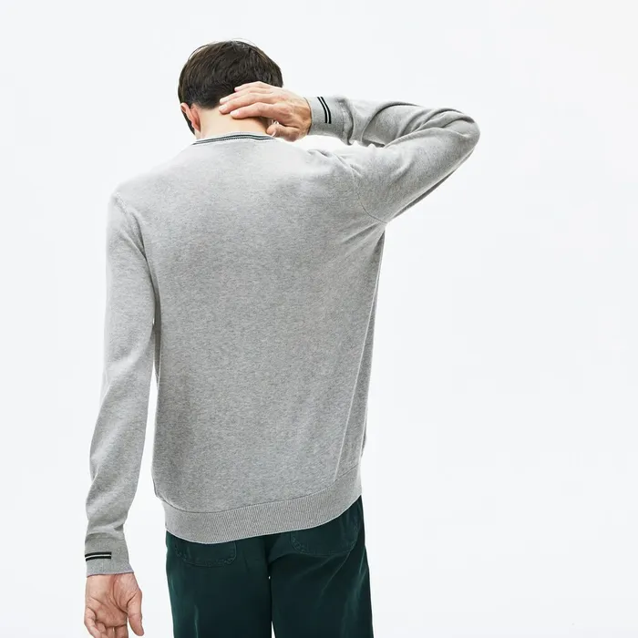 Crewneck Mixed Stich And Striped Cotton Sweater Grey ChineGreenWhite Mens Lacoste Sweaters USA