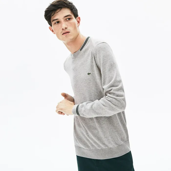 Crewneck Mixed Stich And Striped Cotton Sweater Grey ChineGreenWhite Mens Lacoste Sweaters USA